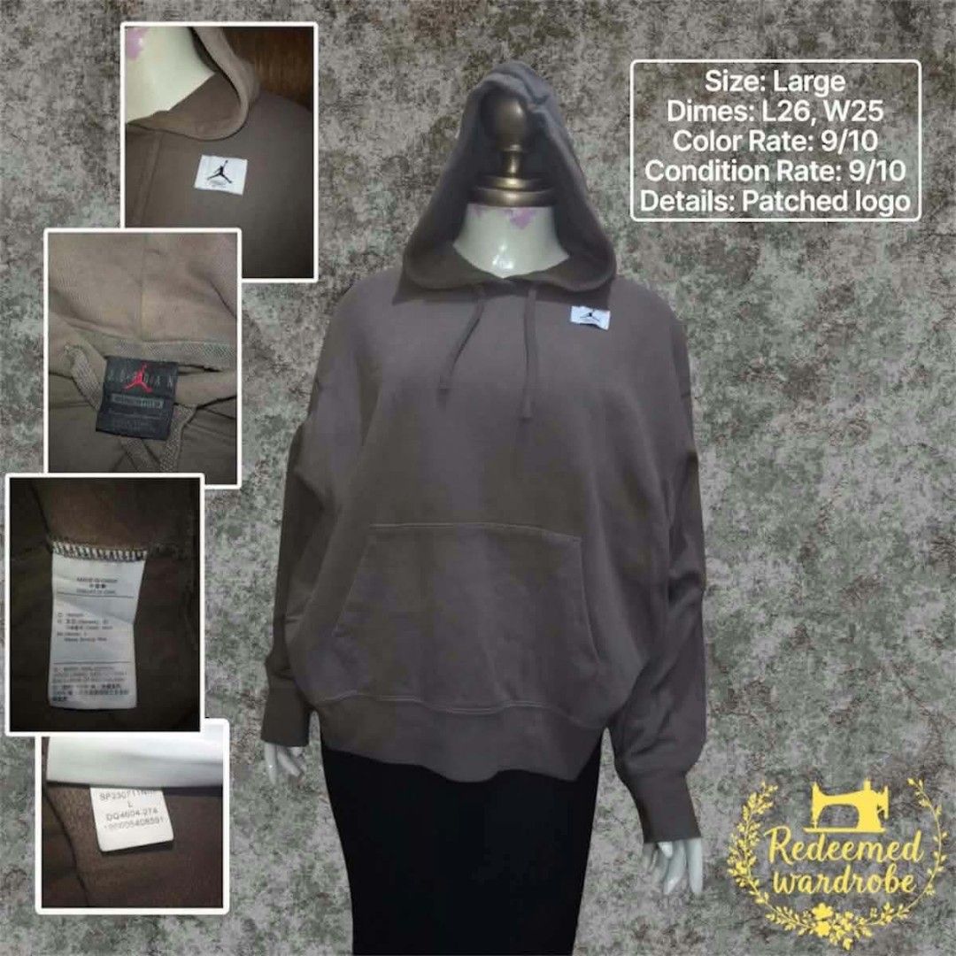 Jordan Brown Hoodie Pullover Jumpman Logo Size Large (Category: Coats, Jackets and Outerwear) located in Baguio. Submitted by jnjayceelbrn (Listing ID 1466639399, Image 1). Description: - Brand: Jordan - Color: Brown - Size: Large - Measurements: Length 26", Width 25" - Details: Patched Jordan Jumpman logo on chest, drawstring hood, front kangaroo pocket, ribbed cuffs and hem - Condition: Clean fabric, great color depth, ready to wear - Authentic
