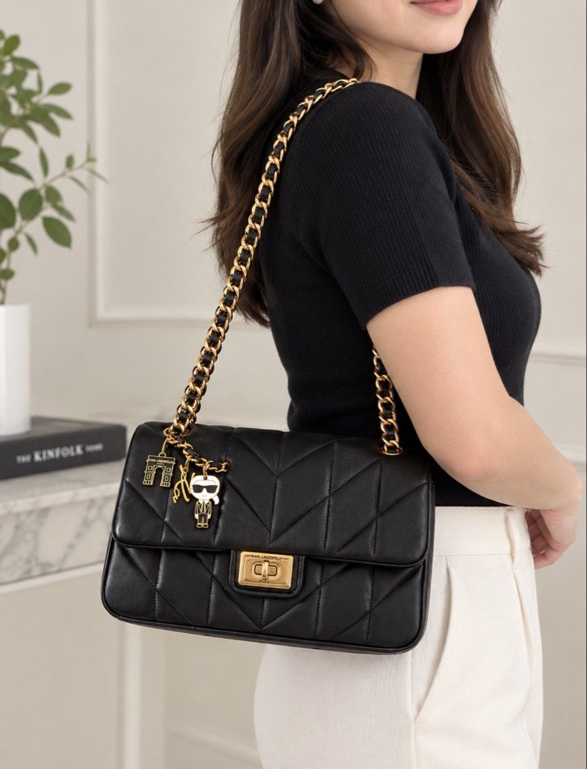 Karl Lagerfeld Paris (Category: Luxury Bags & Wallets) located in Cabanatuan. Submitted by wildcrystal_26 (Listing ID 1466566912, Image 1). Description: Agyness quilted shoulder bag black gold bag Charlay rue pins sandals size 8.