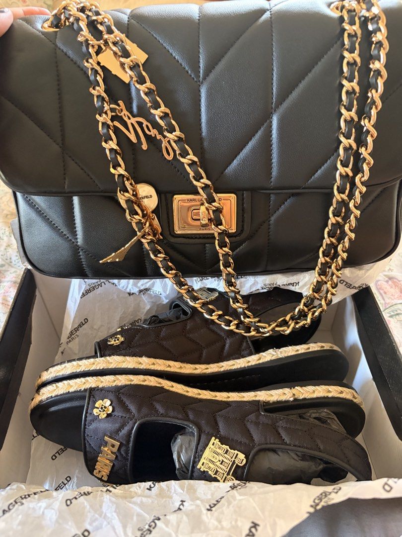 Karl Lagerfeld Paris (Category: Luxury Bags & Wallets) located in Cabanatuan. Submitted by wildcrystal_26 (Listing ID 1466566912, Image 2). Description: Agyness quilted shoulder bag black gold bag Charlay rue pins sandals size 8.