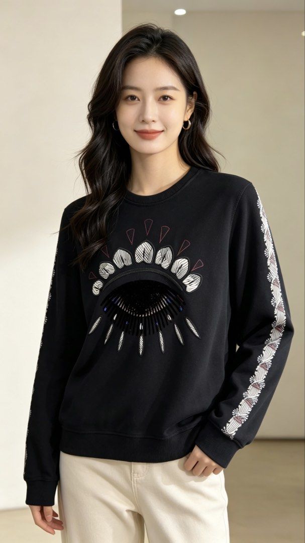 Kenzo Paris Black Eye Sweatshirt Size S (Category: Coats, Jackets and Outerwear) located in Paranaque City. Submitted by mykapoynton (Listing ID 1466769499, Image 1). Description: Kenzo Paris Black Eye Sweatshirt Size S - Color: Black with patterned sleeve stripes - Design: Iconic embroidered eye motif on chest - Size: Small (Regular fit) - Material: Premium cotton with soft fleece backing - Origin: Made in Portugal - Details: Ribbed crewneck wit