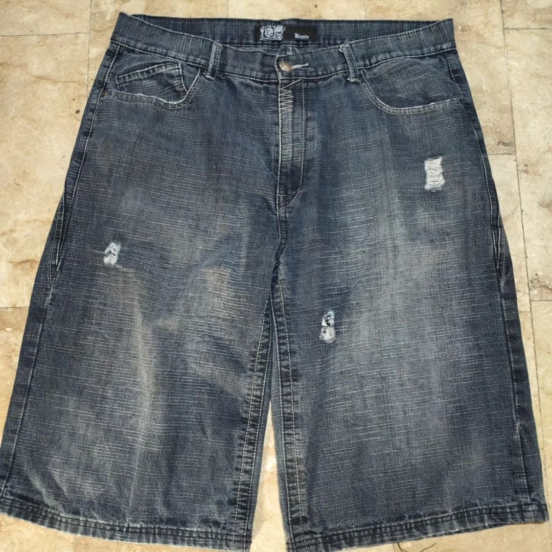 Koalu Denim Distressed Jean Shorts (Category: Shorts) located in Santa Rosa. Submitted by izxenjairr80094 (Listing ID 1466690886, Image 1). Description: - Brand: Koalu - Style: Knee-length denim jorts / streetwear - Wash: Dark wash with heavy distressing and whiskering - Details: Contrast stitching and unique patterns on back pockets - Hardware: Branded button closure and waist patch - Condition: Great pre-loved condition - .