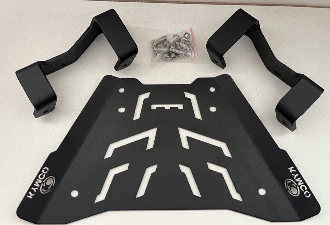 Kymco Motorcycle Top Box Rack Mounting Plate Kit (Category: Looking For) located in Paranaque City. Submitted by midnightsky777 (Listing ID 1466595775, Image 1). Description: - Authentic Kymco black metal top box base plate - Includes sturdy left and right support arms - Complete with mounting brackets and sealed hardware bag (bolts and nuts) - Durable construction featuring sleek geometric cutouts - Plug and play, ready for easy installation - M
