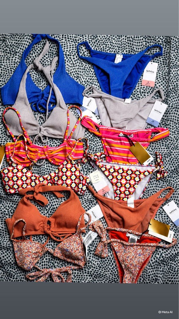 Lefties and Mango Bikini Various Colors Sizes (Category: Bikinis & Swimsuits) located in Taguig. Submitted by tinacas018 (Listing ID 1466598612, Image 1). Description: - Colors & Prints: Solid blue, grey, rust, pink stripes, retro floral, and tiny orange florals - Designs: Halter necks, adjustable string ties, and classic triangle cuts - Sizing: Multiple sizes available across the set - Condition: Brand new, several pieces still have original tag