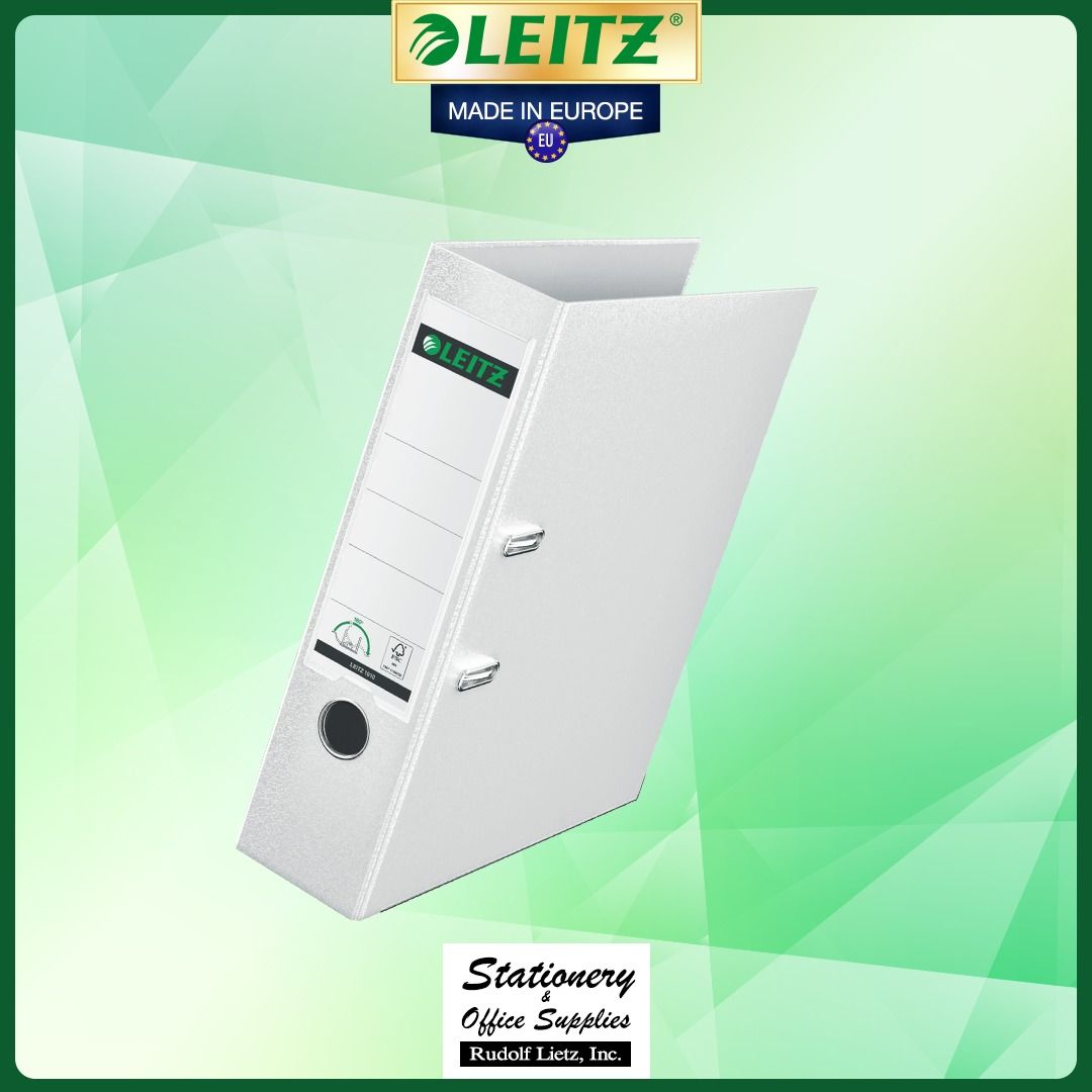 Leitz 1010 Lever Arch File 8cm A4 - German Quality (Category: Stationery & School Supplies) located in Paranaque City. Submitted by rudolflietzinc (Listing ID 1466628753, Image 3). Description: Leitz 1010 lever arch file with an 8cm spine. Full plastic cover construction. Made in Europe. Includes spine label holder and finger ring for easy retrieval from shelves. Slot mechanisms on the cover keep it securely closed when stored upright. Available 
