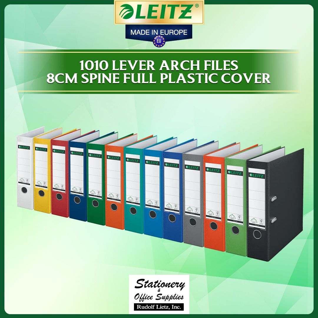 Leitz 1010 Lever Arch File 8cm A4 - German Quality (Category: Stationery & School Supplies) located in Paranaque City. Submitted by rudolflietzinc (Listing ID 1466628753, Image 1). Description: Leitz 1010 lever arch file with an 8cm spine. Full plastic cover construction. Made in Europe. Includes spine label holder and finger ring for easy retrieval from shelves. Slot mechanisms on the cover keep it securely closed when stored upright. Available 