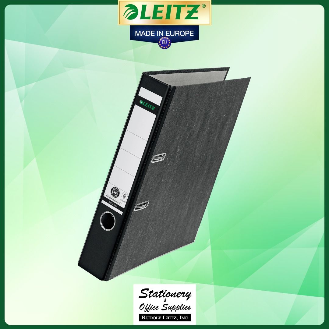 Leitz 1060 A4 Lever Arch File (Category: Stationery & School Supplies) located in Paranaque City. Submitted by rudolflietzinc (Listing ID 1466629592, Image 3). Description: - Brand: Leitz (Made in Europe) - Model: 1060 Lever Arch File - Color: Classic Black (Marble-patterned cover) - Size: Fits A4 documents - Capacity: Easily holds up to 350 sheets - Durability: Sturdy board construction with a strong metal mechanism to keep papers secure - Conve