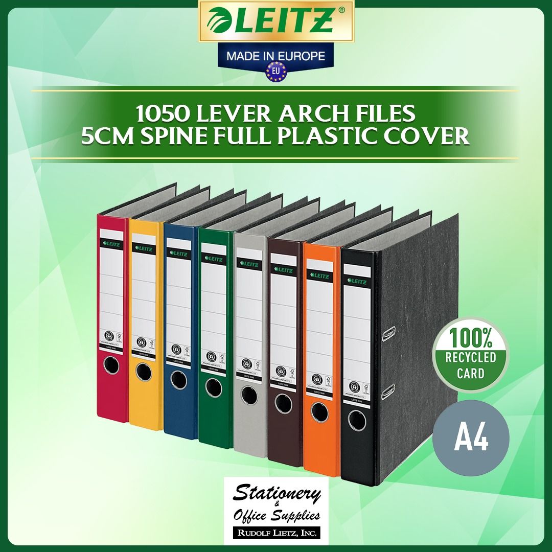 Leitz 1060 A4 Lever Arch File (Category: Stationery & School Supplies) located in Paranaque City. Submitted by rudolflietzinc (Listing ID 1466629592, Image 1). Description: - Brand: Leitz (Made in Europe) - Model: 1060 Lever Arch File - Color: Classic Black (Marble-patterned cover) - Size: Fits A4 documents - Capacity: Easily holds up to 350 sheets - Durability: Sturdy board construction with a strong metal mechanism to keep papers secure - Conve