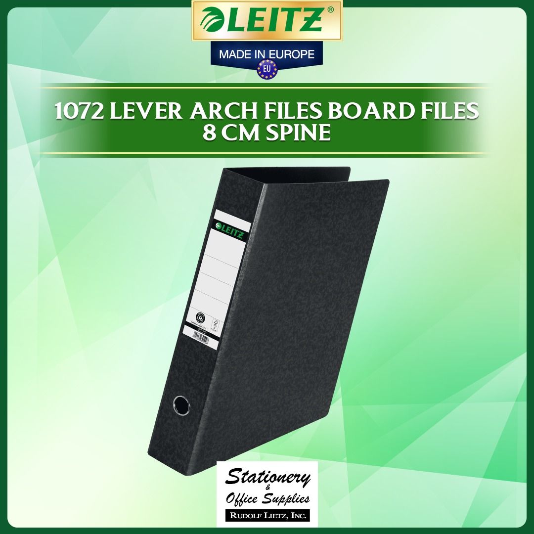Leitz 1072 Lever Arch Board Files 8cm Spine (Category: Stationery & School Supplies) located in Paranaque City. Submitted by rudolflietzinc (Listing ID 1466630398, Image 1). Description: - Authentic Leitz lever arch file (Model 1072), Made in Europe - Durable board material with a spacious 8cm spine - Reliable 180-degree mechanism for quick and easy filing - Includes a spine paper label pocket and finger ring for convenient shelf retrieval - Dime