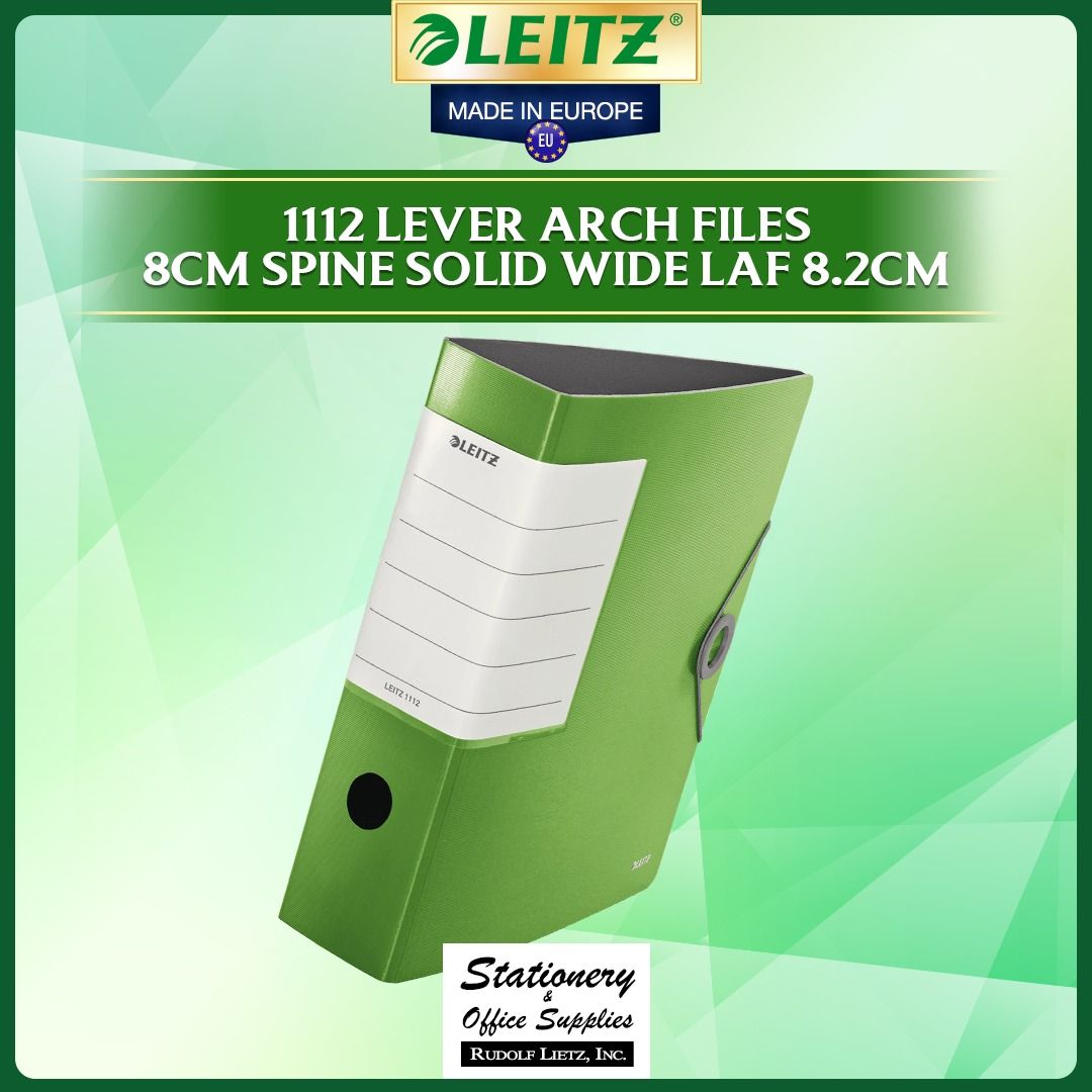 Leitz 1112 Lever Arch File 8cm Spine Solid Green (Category: Stationery & School Supplies) located in Paranaque City. Submitted by rudolflietzinc (Listing ID 1466632455, Image 1). Description: - Color: Solid Green - Capacity: Holds up to 500 sheets (80 g/m² paper) - Material: Lightweight polyfoam with water and dirt-repellent finish - Mechanism: 180-degree precision for faster and wider opening - Security: Elastic rubber band closure for safe tran