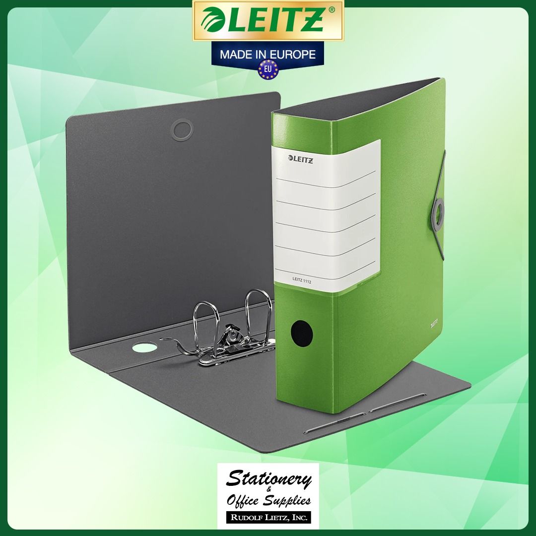 Leitz 1112 Lever Arch File 8cm Spine Solid Green (Category: Stationery & School Supplies) located in Paranaque City. Submitted by rudolflietzinc (Listing ID 1466632455, Image 3). Description: - Color: Solid Green - Capacity: Holds up to 500 sheets (80 g/m² paper) - Material: Lightweight polyfoam with water and dirt-repellent finish - Mechanism: 180-degree precision for faster and wider opening - Security: Elastic rubber band closure for safe tran