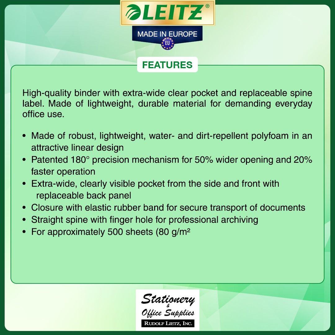 Leitz 1112 Lever Arch File 8cm Spine Solid Green (Category: Stationery & School Supplies) located in Paranaque City. Submitted by rudolflietzinc (Listing ID 1466632455, Image 2). Description: - Color: Solid Green - Capacity: Holds up to 500 sheets (80 g/m² paper) - Material: Lightweight polyfoam with water and dirt-repellent finish - Mechanism: 180-degree precision for faster and wider opening - Security: Elastic rubber band closure for safe tran