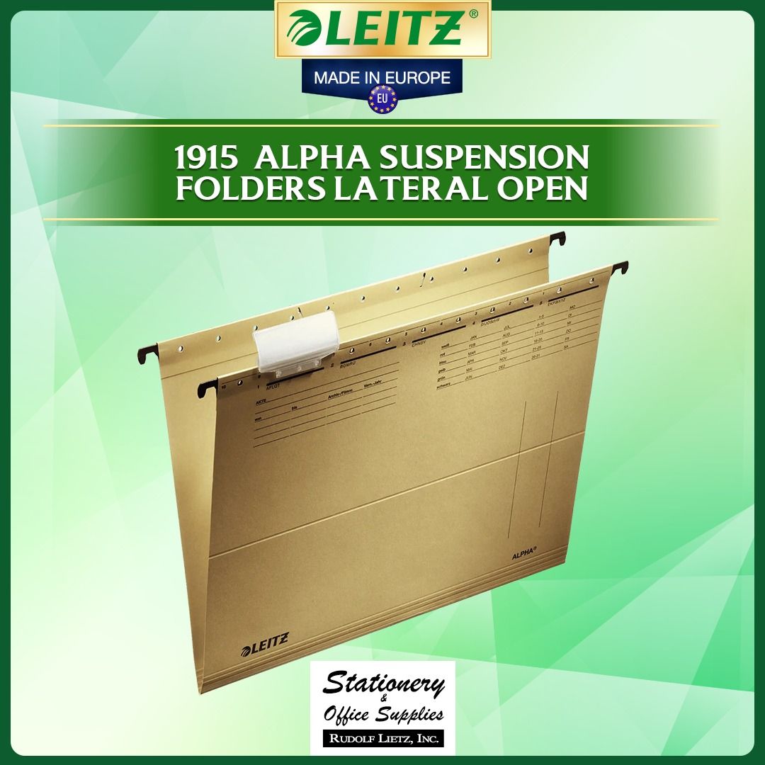 Leitz 1915 Alpha Suspension Folders Lateral Open A4 (Category: Stationery & School Supplies) located in Paranaque City. Submitted by rudolflietzinc (Listing ID 1466645636, Image 1). Description: - Brand: Leitz (Made in Europe by Rudolf Lietz, Inc.) - Model: 1915 Alpha Suspension Folders - Color: Natural Brown - Material: Sturdy 250 gsm Natron cardboard - Size: A4, dimensions 348 x 260 mm - Features: Open sides with side pockets to keep papers sec