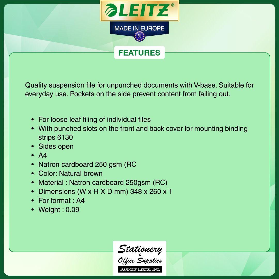 Leitz 1915 Alpha Suspension Folders Lateral Open A4 (Category: Stationery & School Supplies) located in Paranaque City. Submitted by rudolflietzinc (Listing ID 1466645636, Image 2). Description: - Brand: Leitz (Made in Europe by Rudolf Lietz, Inc.) - Model: 1915 Alpha Suspension Folders - Color: Natural Brown - Material: Sturdy 250 gsm Natron cardboard - Size: A4, dimensions 348 x 260 mm - Features: Open sides with side pockets to keep papers sec