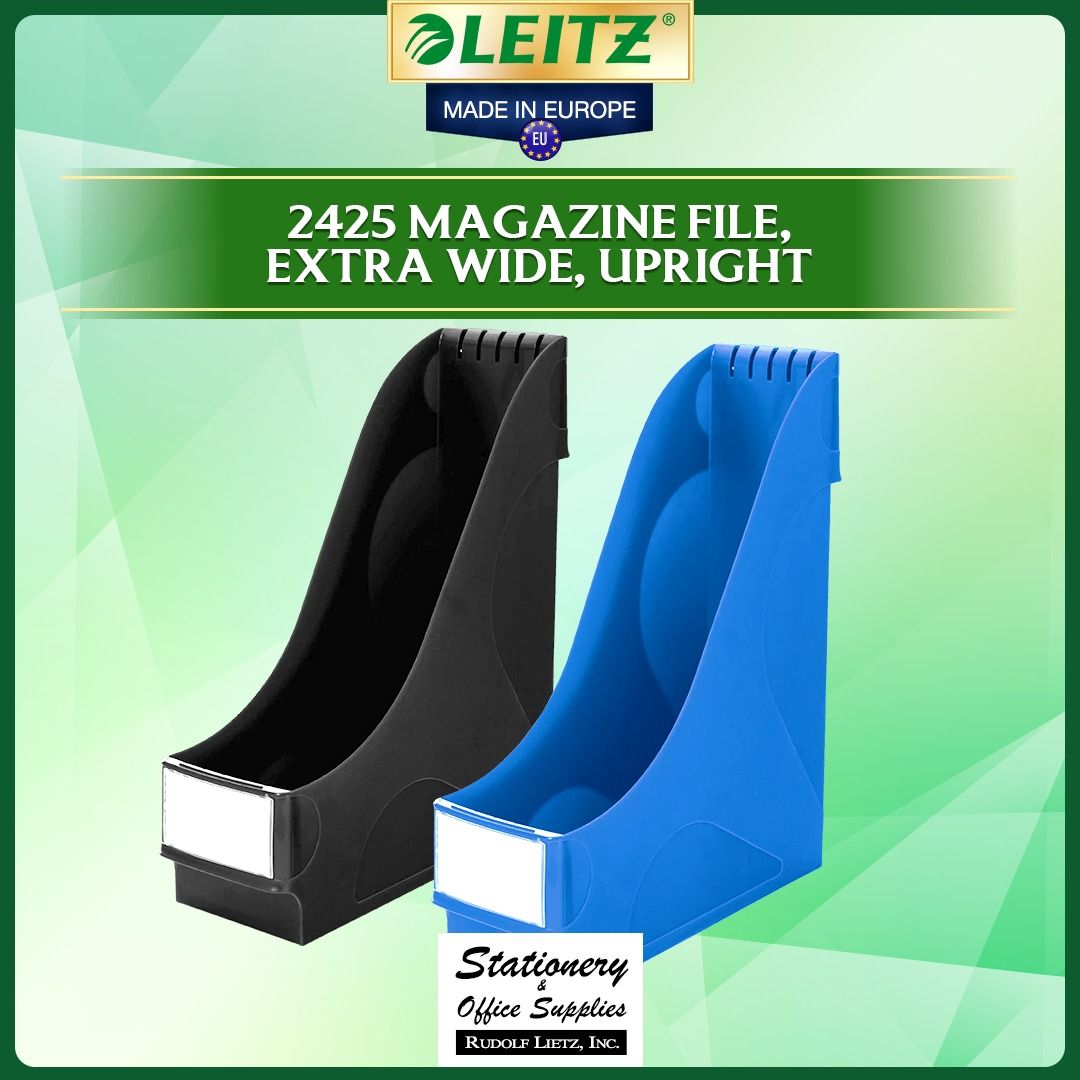 Leitz 2425 Magazine File Extra Wide Upright (Category: Stationery & School Supplies) located in Paranaque City. Submitted by rudolflietzinc (Listing ID 1466646125, Image 1). Description: Leitz 2425 extra wide upright magazine file made in Europe. Keeps bulky documents, catalogs, and folders upright and organized on any desktop. Sturdy build with increased footprint and high front support. Includes a snap-on label holder for front or back placemen