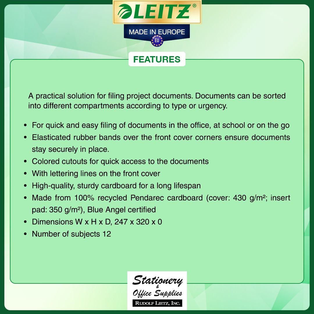 Leitz 3912 Board Conference and Plastic Folder 12-Compartments A4 (Category: Stationery & School Supplies) located in Paranaque City. Submitted by rudolflietzinc (Listing ID 1466646897, Image 2). Description: - Brand: Leitz (Model 3912) - Format: A4 (Dimensions: 247 x 320 mm) - Storage: 12 sorted compartments with colored cutouts for quick access - Material: 100% recycled Pendarec cardboard (Blue Angel certified) - Security: Elasticated rubber ba