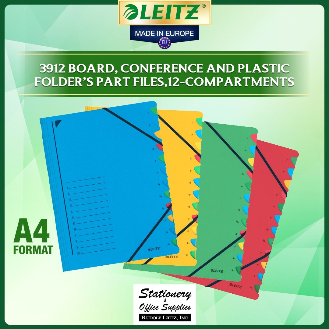 Leitz 3912 Board Conference and Plastic Folder 12-Compartments A4 (Category: Stationery & School Supplies) located in Paranaque City. Submitted by rudolflietzinc (Listing ID 1466646897, Image 1). Description: - Brand: Leitz (Model 3912) - Format: A4 (Dimensions: 247 x 320 mm) - Storage: 12 sorted compartments with colored cutouts for quick access - Material: 100% recycled Pendarec cardboard (Blue Angel certified) - Security: Elasticated rubber ba