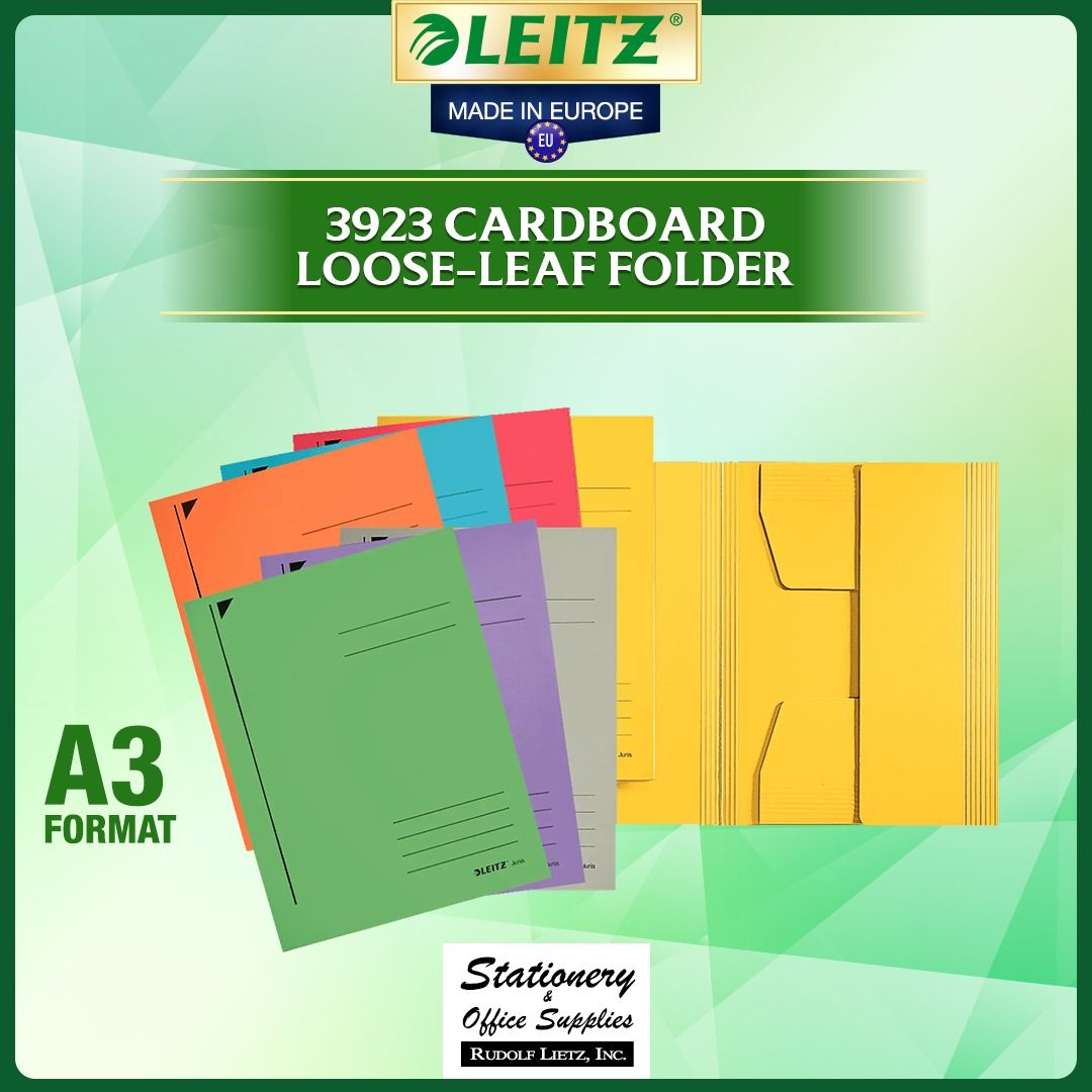Leitz 3923 A3 Cardboard Loose-Leaf Folder (Category: Stationery & School Supplies) located in Paranaque City. Submitted by rudolflietzinc (Listing ID 1466647085, Image 1). Description: - Genuine Leitz A3 cardboard loose-leaf folder made in Europe - Eco-friendly: Crafted from 100% recycled Pendarec cardboard with Blue Angel certification - High capacity: Securely holds up to 250 sheets - Secure storage: Equipped with three fully bonded flaps on th