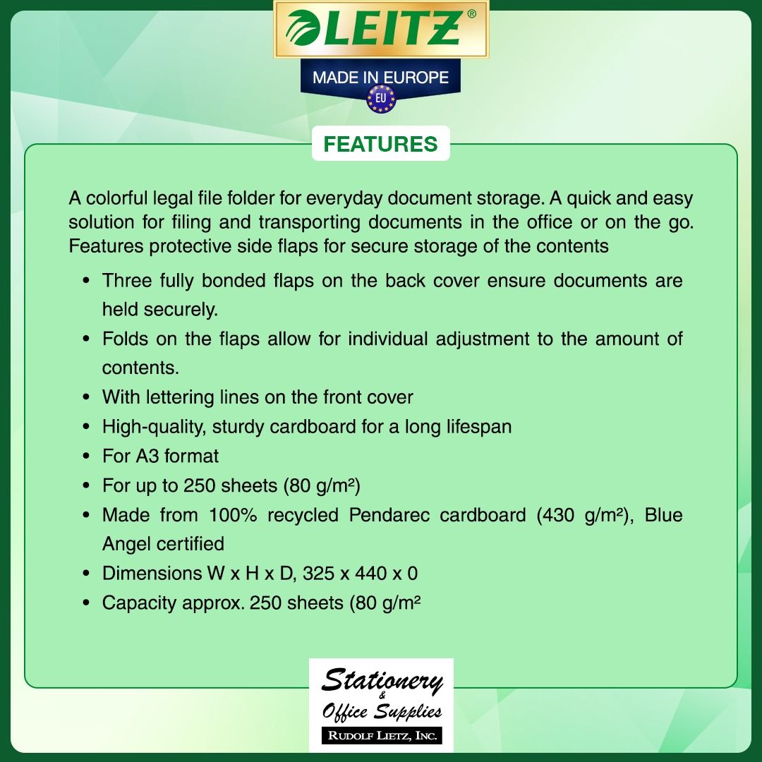 Leitz 3923 A3 Cardboard Loose-Leaf Folder (Category: Stationery & School Supplies) located in Paranaque City. Submitted by rudolflietzinc (Listing ID 1466647085, Image 2). Description: - Genuine Leitz A3 cardboard loose-leaf folder made in Europe - Eco-friendly: Crafted from 100% recycled Pendarec cardboard with Blue Angel certification - High capacity: Securely holds up to 250 sheets - Secure storage: Equipped with three fully bonded flaps on th