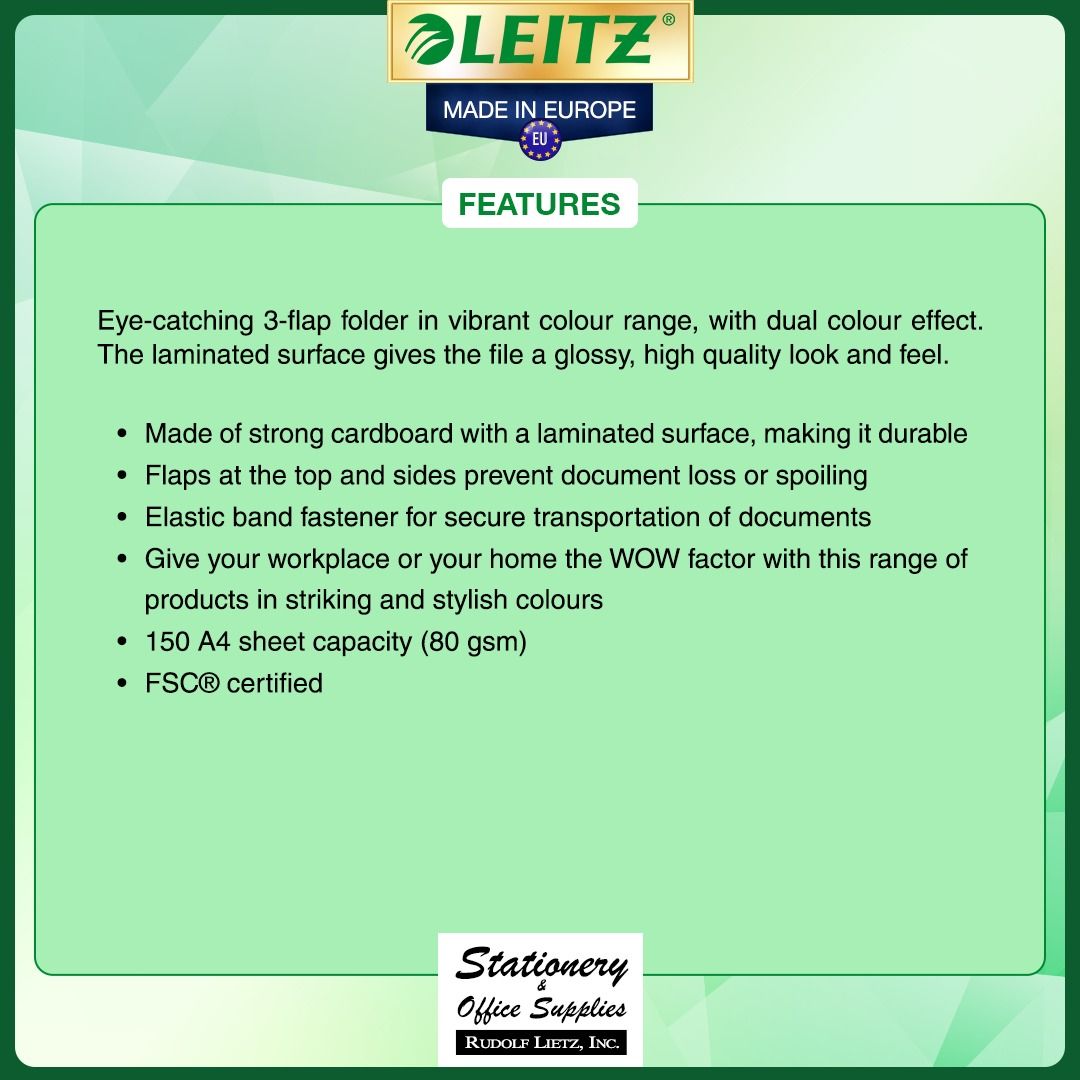 Leitz 3923 WOW 3-Flap Folder A4 (Category: Stationery & School Supplies) located in Paranaque City. Submitted by rudolflietzinc (Listing ID 1466647369, Image 2). Description: - Authentic Leitz 3923 WOW 3-flap folder in A4 format - Premium European quality with strong cardboard and glossy laminated dual-colour finish - Secure elastic band fastener keeps documents safe - Flaps at the top and sides prevent papers from falling out - Large capacity: h