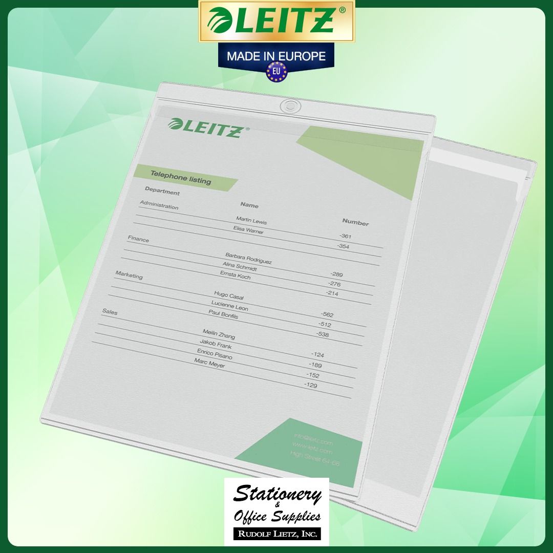 Leitz 4094 A4 Copy-Safe Plastic Pockets 50s (Category: Stationery & School Supplies) located in Paranaque City. Submitted by rudolflietzinc (Listing ID 1466647597, Image 3). Description: - Authentic Leitz 4094 copy-safe plastic pockets (Made in Europe) - Size: A4 (216mm x 335mm) - Quantity: Pack of 50 pockets - Material: Premium 200-micron structured soft PVC film - Features: Top opening with a secure lockable flap - Extras: Built-in hanging eyel