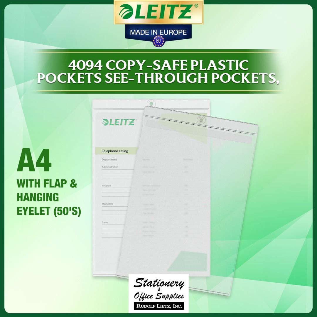 Leitz 4094 A4 Copy-Safe Plastic Pockets 50s (Category: Stationery & School Supplies) located in Paranaque City. Submitted by rudolflietzinc (Listing ID 1466647597, Image 1). Description: - Authentic Leitz 4094 copy-safe plastic pockets (Made in Europe) - Size: A4 (216mm x 335mm) - Quantity: Pack of 50 pockets - Material: Premium 200-micron structured soft PVC film - Features: Top opening with a secure lockable flap - Extras: Built-in hanging eyel
