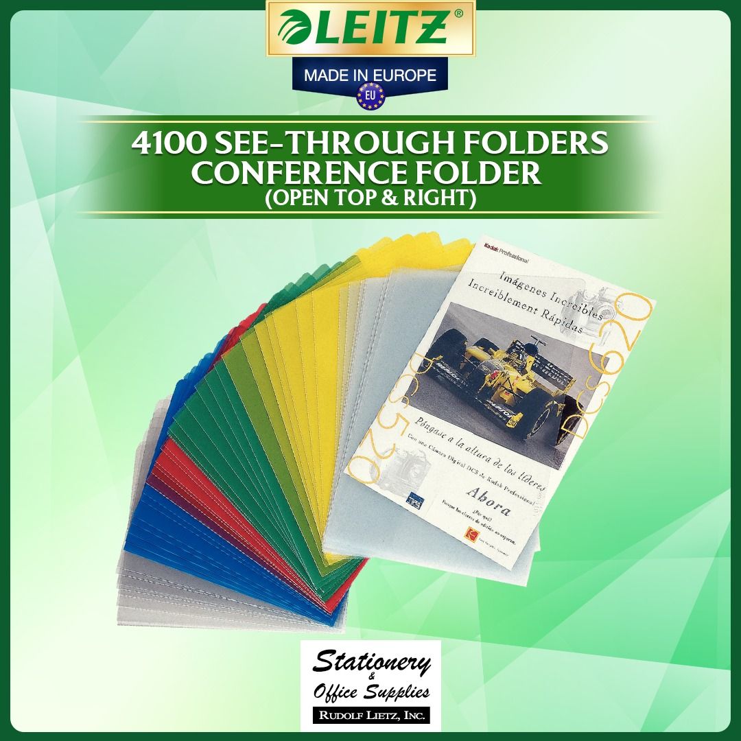 Leitz 4100 See-Through Conference Folders A4 (Category: Stationery & School Supplies) located in Paranaque City. Submitted by rudolflietzinc (Listing ID 1466647862, Image 1). Description: - Genuine Leitz 4100 conference folders in A4 size, made in Europe - Crafted from durable, crystal clear, and copysafe hard PVC film (150 micron thickness) - Open top and right side design with an extra-large cutout for effortless document insertion - Strong und