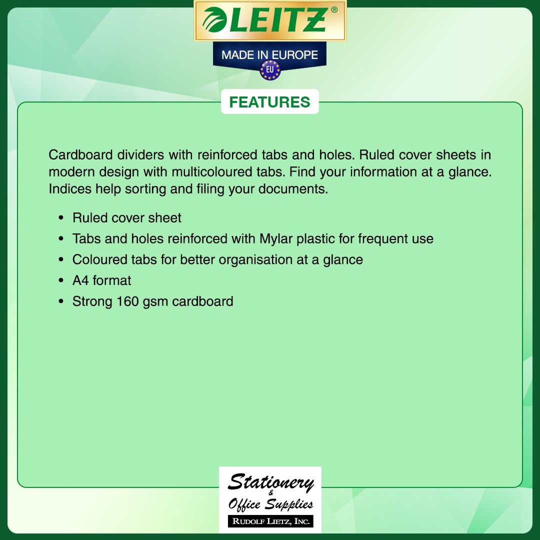 Leitz 4320 Index Sheets for Lever Arch Files Cardboard (Category: Stationery & School Supplies) located in Paranaque City. Submitted by rudolflietzinc (Listing ID 1466670677, Image 2). Description: - Brand: Leitz - Format: A4 size for lever arch files and ring binders - Material: Sturdy 160 gsm cardboard - Organization: 5 multicoloured tabs for quick sorting - Durability: Mylar-reinforced tabs and punch holes to prevent tearing - Extra Feature: R