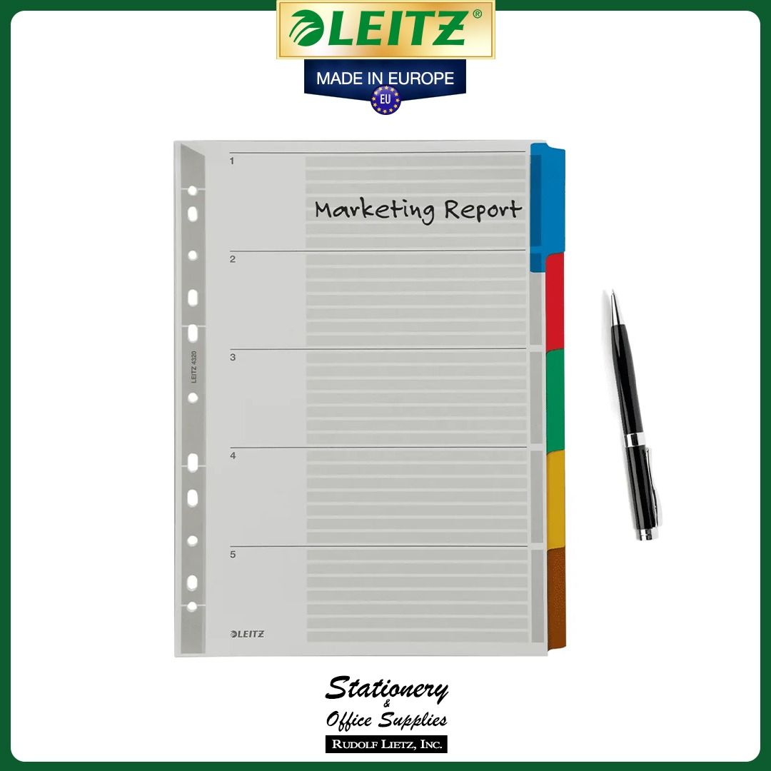 Leitz 4320 Index Sheets for Lever Arch Files Cardboard (Category: Stationery & School Supplies) located in Paranaque City. Submitted by rudolflietzinc (Listing ID 1466670677, Image 3). Description: - Brand: Leitz - Format: A4 size for lever arch files and ring binders - Material: Sturdy 160 gsm cardboard - Organization: 5 multicoloured tabs for quick sorting - Durability: Mylar-reinforced tabs and punch holes to prevent tearing - Extra Feature: R