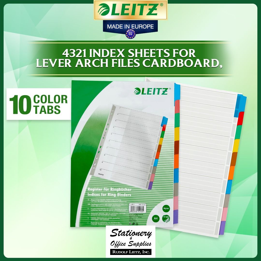 Leitz 4321 Index Sheets 10 Color Tabs A4 Cardboard (Category: Stationery & School Supplies) located in Paranaque City. Submitted by rudolflietzinc (Listing ID 1466670822, Image 1). Description: - Authentic Leitz index sheets made in Europe by Rudolf Lietz, Inc. - Fits standard A4 format and lever arch files perfectly - Crafted from durable and sturdy 160 g/m² cardboard - Includes 10 vibrant, color-coded tabs with Mylar foil reinforcement for heav