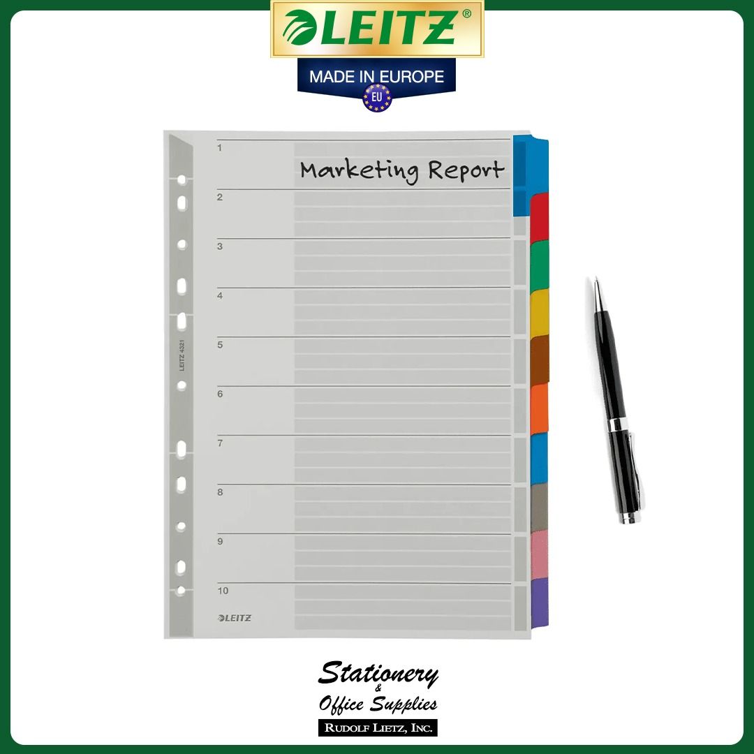 Leitz 4321 Index Sheets 10 Color Tabs A4 Cardboard (Category: Stationery & School Supplies) located in Paranaque City. Submitted by rudolflietzinc (Listing ID 1466670822, Image 3). Description: - Authentic Leitz index sheets made in Europe by Rudolf Lietz, Inc. - Fits standard A4 format and lever arch files perfectly - Crafted from durable and sturdy 160 g/m² cardboard - Includes 10 vibrant, color-coded tabs with Mylar foil reinforcement for heav