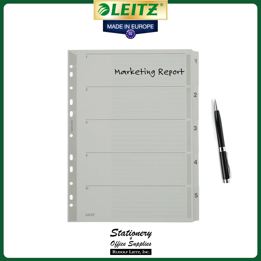 Leitz 4323 Index Sheets for Lever Arch Files 1-5 (Category: Stationery & School Supplies) located in Paranaque City. Submitted by rudolflietzinc (Listing ID 1466671041, Image 3). Description: - Authentic Leitz index sheets made in Europe - Durable 160 gsm heavy-duty cardboard material - A4 format with 1-5 numerical tabs - Mylar plastic reinforced tabs and punch holes for extra durability - Double-sided printed tabs for easy viewing - Includes a w