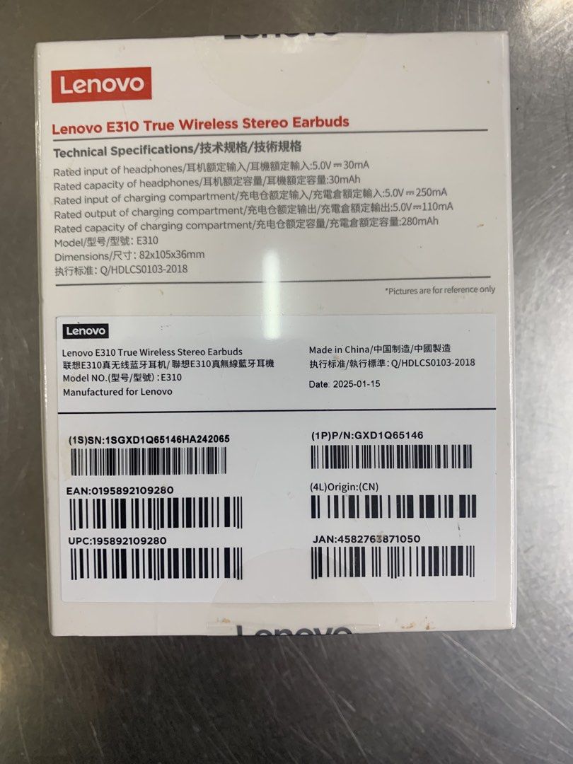 Lenovo E310 True Wireless Stereo Earbuds (Category: Earphones) located in Quezon City. Submitted by reydsss (Listing ID 1466641207, Image 2). Description: - Brand: Lenovo E310 Wireless Earbuds - Color: Sleek Black - Condition: Brand new, factory-sealed in box - Manufacturing Date: January 2025 - Connectivity: Stable Bluetooth 5.3 - Audio: 13mm hyperdynamic speakers for great sound - Battery: 30mAh earbuds + 280mAh charging case.