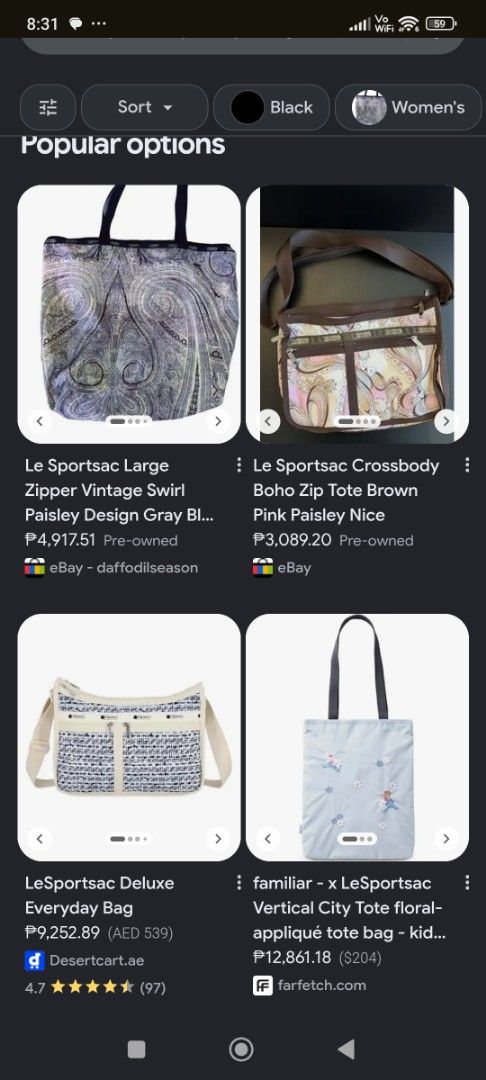 LeSportsac Boho Paisley Zip Tote (Category: Tote Bags) located in Baguio. Submitted by ozara.06 (Listing ID 1466735137, Image 3). Description: Le sportsac paisley design large tote Light weight Very nice nito Pang travel 600.