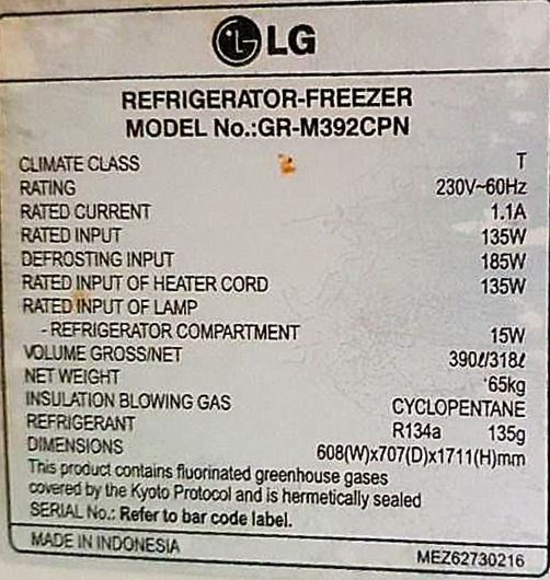 LG GR-M392CPN Refrigerator Freezer (Category: Refrigerators and Freezers) located in Quezon City. Submitted by iamfantasticpabz (Listing ID 1466677574, Image 3). Description: LG Refrigerator Freezer (Model: GR-M392CPN) - Capacity: 390L Gross / 318L Net - Dimensions: 608 x 707 x 1711 mm (230V) - Green Plasma tech & Multi Air Flow System for freshness - Digital temperature control - Complete with all adjustable glass shelves, vegetable crisper, and