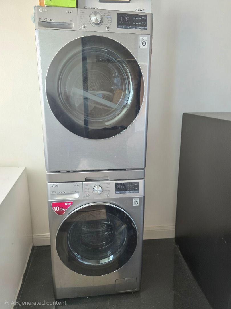LG ThinQ Washer and Dryer Stack (Category: Washing Machines and Dryers) located in Caloocan City. Submitted by ansan_seller (Listing ID 1466658768, Image 2). Description: - LG stacked washer and dryer unit in sleek silver - Wash capacity: 10.5kg (bottom), Dryer capacity: 9kg (top) - Digital control panels on both units - Equipped with Inverter Technology and Direct Drive Motor for quiet and efficient performance - Space-saving vertical setup, per