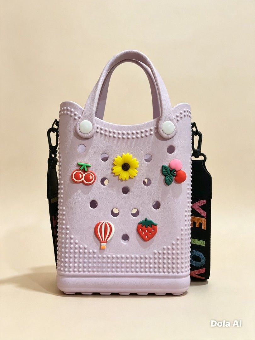 Cr0csy sling bag (Category: Cross-body Bags) located in Makati City. Submitted by sweet21onlineshoppe (Listing ID 1466574216, Image 1). Description: - Color: Lilac - Material: Waterproof, easy-to-clean rubber - Design: Perforated ventilation holes with a structured flat bottom - Accessories: Pre-decorated with cute charms (cherries, sunflower, hot air balloon, strawberry) - Strap: Includes a wide, detachable black strap with colorful lettering - 