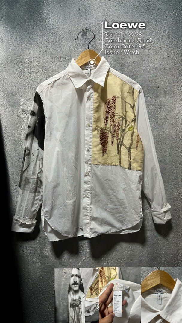 Loewe Art Print Panel Button-Up Shirt Size L (Category: Shirts) located in Lubao. Submitted by genjithrifted (Listing ID 1466593724, Image 1). Description: - Brand: Loewe - Item: Button-up shirt - Color: White (washed finish) - Size: L - Details: Unique art panel patch on right chest, graphic portrait print on left sleeve - Fit: Classic collar, straight hem (wear tucked or untucked).