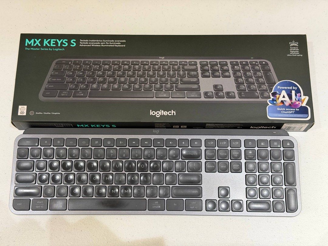 Logitech MX Keys S Wireless Illuminated Keyboard (Category: Computer Keyboard) located in Makati City. Submitted by ajbt13 (Listing ID 1466614204, Image 1). Description: - Model: Logitech MX Keys S Wireless Keyboard - Color: Graphite - Layout: Full-size with numeric keypad - Features: Advanced smart backlighting and Easy-Switch technology for multiple devices - Inclusions: Original retail box, charging cable, and Logi Bolt receiver - Condition: E