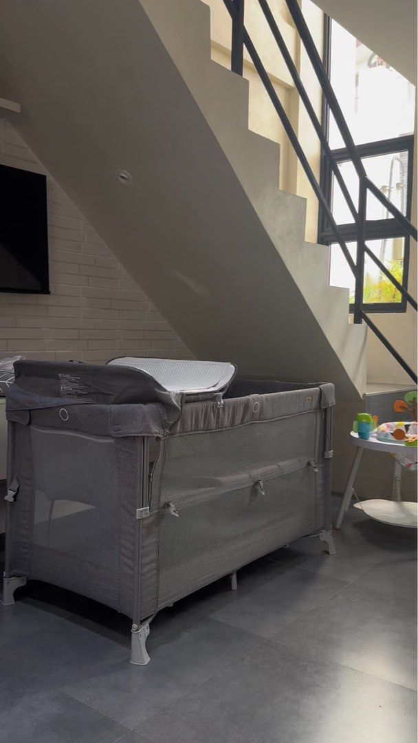Looping Foldable Pack n Play Crib Co-sleep Play pen (Category: Cots & Cribs) located in Malolos. Submitted by ejvdaria (Listing ID 1466596010, Image 1). Description: Original price: 10k-11k Bought for my 3rd baby so we can have a safe space for him in the living area since i have two older kids (6yo & 3yo) - Colour: Grey - Condition: Clean and well-maintained - Material: Sturdy metal frame with breathable mesh sides - Includes: Comfortable paddin