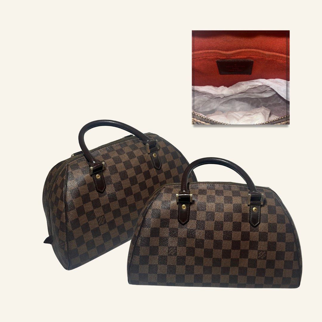 Louis Vuitton Damier Ebene Handbag (Category: Luxury Bags & Wallets) located in Manila. Submitted by fromsoleil (Listing ID 1466686060, Image 1). Description: - Authentic Louis Vuitton handbag in iconic Damier Ebene canvas - Features dark brown leather handles and gold-tone hardware with minor tarnishing from age - Secure double zipper top closure - Spacious interior lined with red textile, complete with a convenient slip pocket - Excellent struc