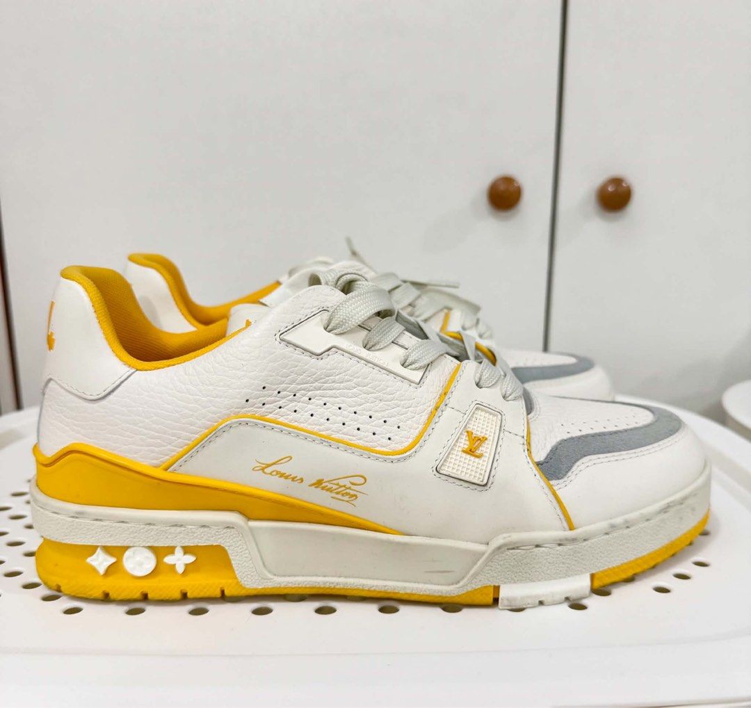 Louis Vuitton LV Trainer White Yellow (AUTHENTIC) (Category: Sneakers) located in Manila. Submitted by wahunnit37468 (Listing ID 1466658344, Image 1). Description: Louis Vuitton LV Trainer sneakers in white and yellow. FOR CONDITION PLEASE REFER TO THE PHOTOS (no box only dustbag) Manda Area 25k shipped slight nego PM! .