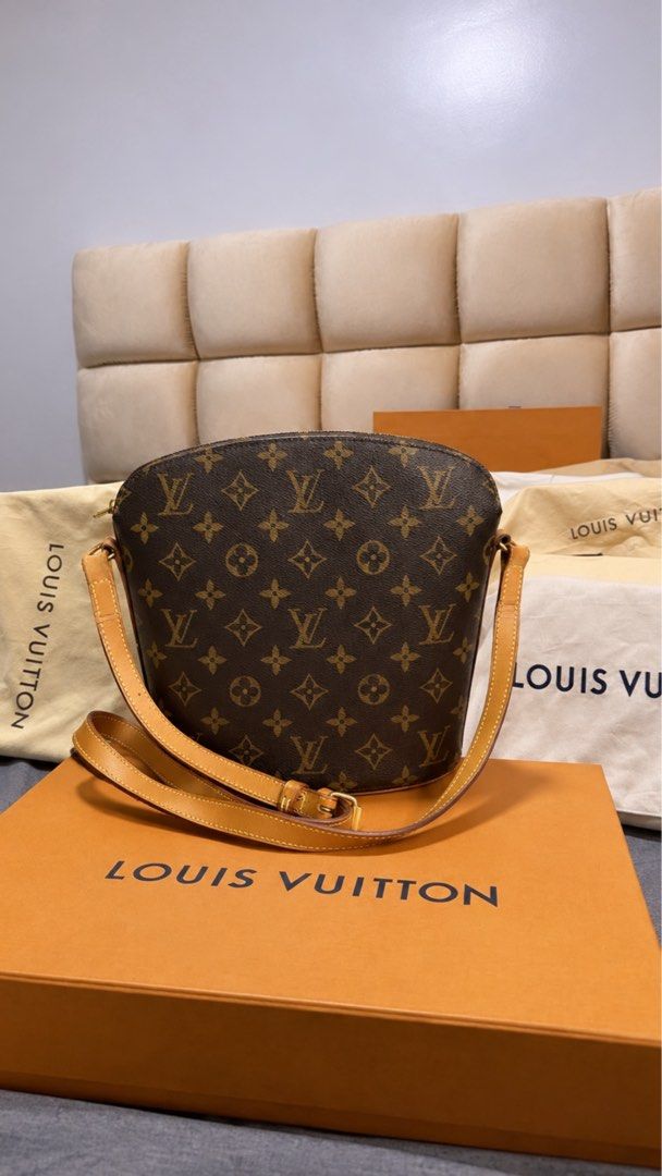 Louis Vuitton Monogram Drouot Crossbody Bag (Category: Luxury Bags & Wallets) located in Caloocan City. Submitted by kimmndza_176 (Listing ID 1466740108, Image 1). Description: - Authentic Louis Vuitton Monogram Drouot crossbody bag in classic brown canvas - Adjustable Vachetta leather strap with gold-tone hardware and zip-top closure - Clean leather trim showing an even, light honey patina - Interior and exterior are well-maintained and ready to