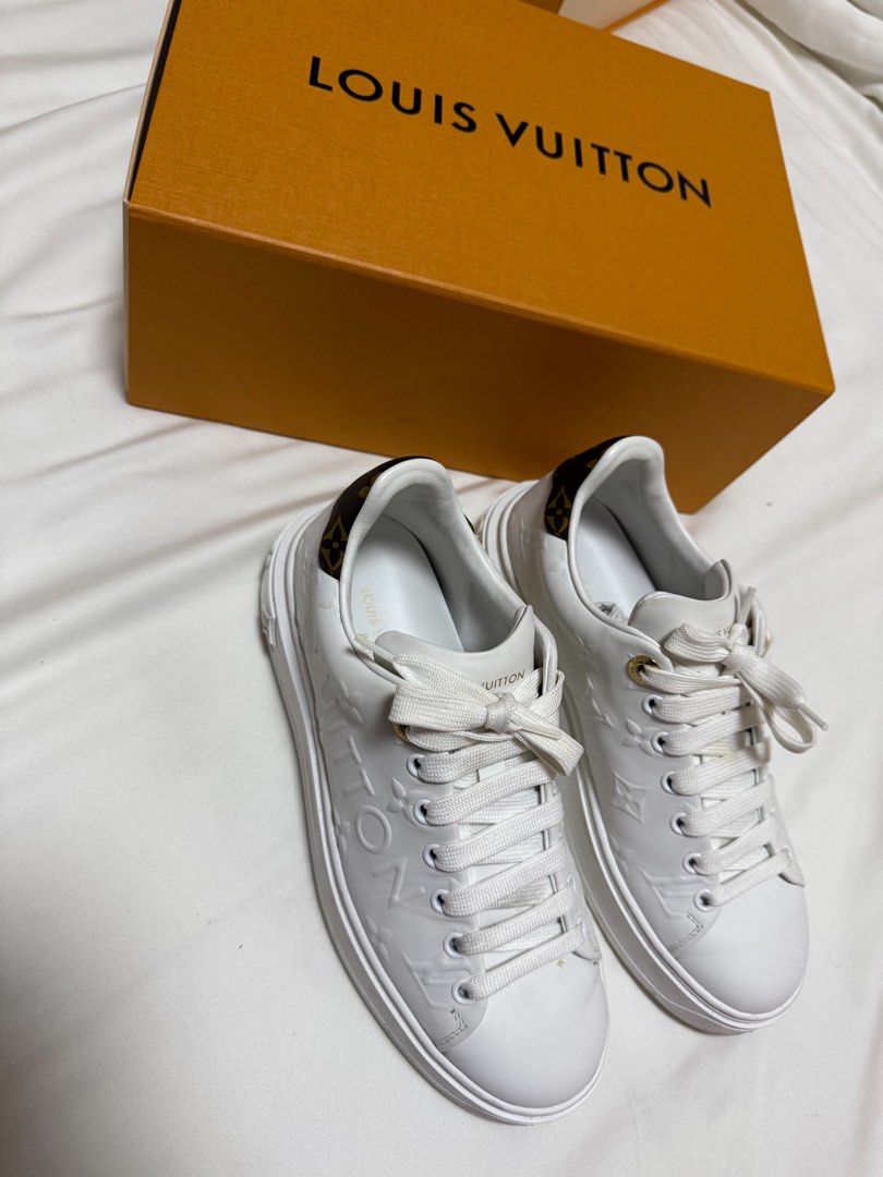 Louis Vuitton Monogram Heel White Sneakers (Category: Sneakers) located in San Juan City. Submitted by krishvee (Listing ID 1466733233, Image 1). Description: LOUIS VUITTON Time Out Sneakers | Size 36.5 Color: White Debossed calf leather and recycled Monogram nylon Louis Vuitton-engraved eyelets Monogram Flowers on outsole Condition: Excellent, lightly used Inclusions: Dustbag, Box & Receipt from Louis Vuitton Greenbelt Original Price: ₱65,500 Se