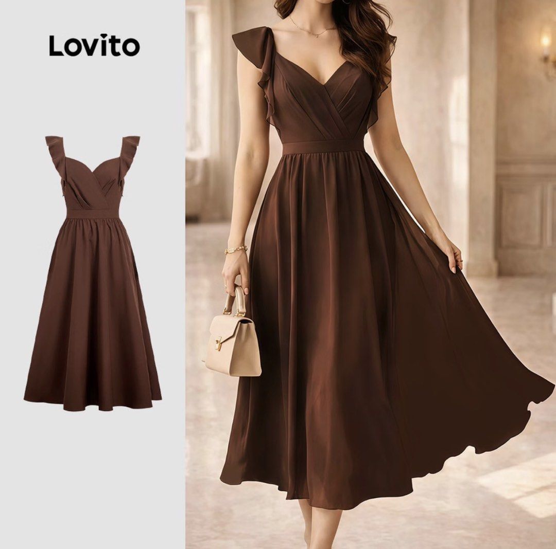 Lovito Brown Ruffle Dress (Category: Dresses) located in Caloocan City. Submitted by chynie.deer (Listing ID 1466665414, Image 2). Description: Lovito Brown Ruffle Dress 🤎 Size: Small Color: Brown Condition: Used once, very good condition Height of wearer: 4'11" Price: ₱250 Simple and elegant style, perfect for casual or special occasions..