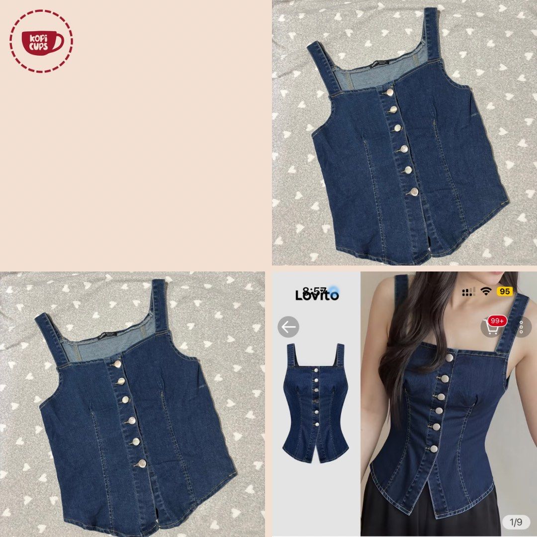 Lovito Denim Button-Up Tank Top (Category: Sleeveless) located in General Trias. Submitted by dddddaph (Listing ID 1466691748, Image 1). Description: - Brand: Lovito - Style: Y2K denim top in dark wash blue - Details: Square neckline, thick straps, silver-tone button-up front, curved hem - Fit: Fitted silhouette.