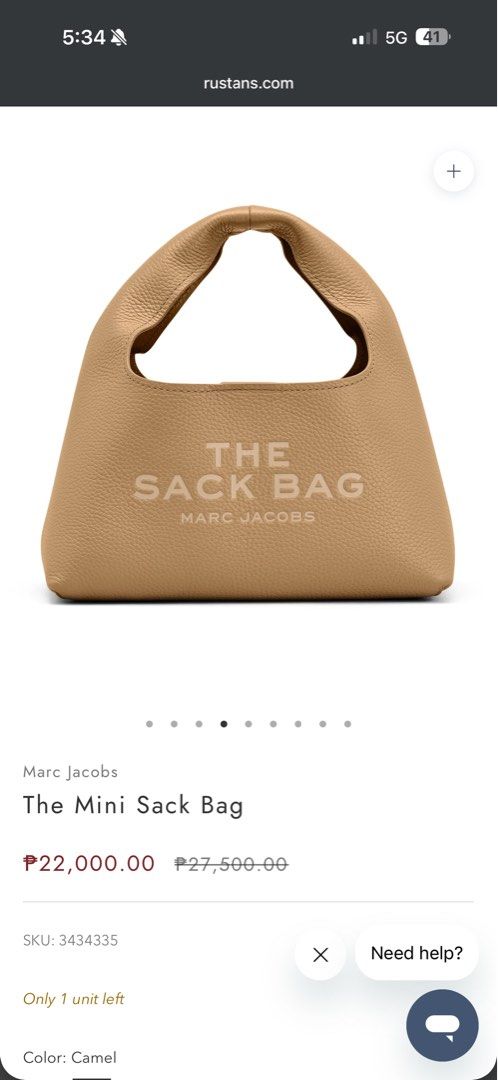Marc Jacobs The Mini Sack Bag Camel (Category: Luxury Bags & Wallets) located in Marikina City. Submitted by denisekasscarlos (Listing ID 1466596442, Image 1). Description: - Brand: Marc Jacobs - Style: The Mini Sack Bag - Color: Camel - Material: Premium pebble leather - Details: Debossed logo on front, patch on back, top handle, zipper closure - Inclusions: Original dust bag, tags, and care cards .