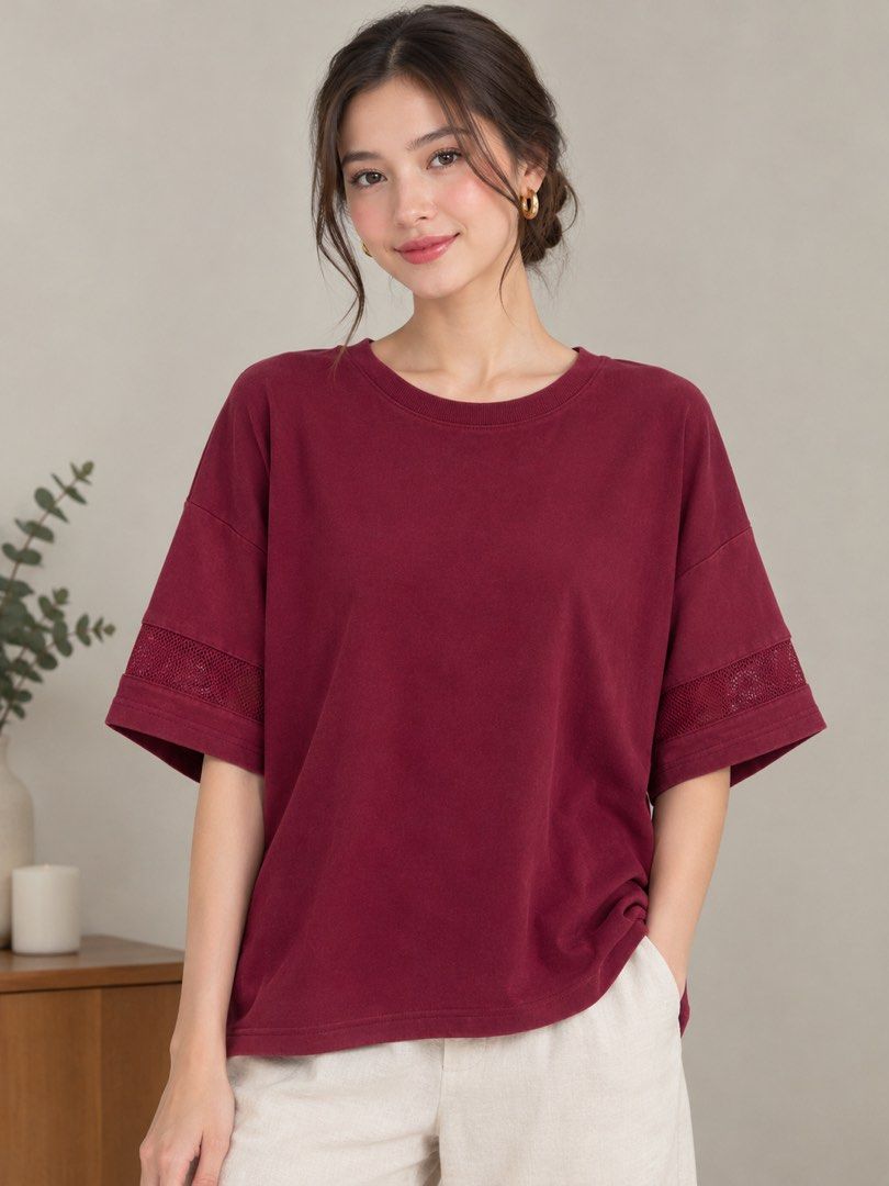 Maroon Oversized T-Shirt Size L (Category: Shirts) located in Quezon City. Submitted by onesourceph (Listing ID 1466769861, Image 1). Description: - Brand: LALU - Size: M-L (Oversized, relaxed boxy fit) - Color: Rich maroon / burgundy red - Design: Classic crew neck, short sleeves with subtle mesh panel detail on cuffs - Style: Great casual everyday staple, pairs easily with denim or linen shorts.