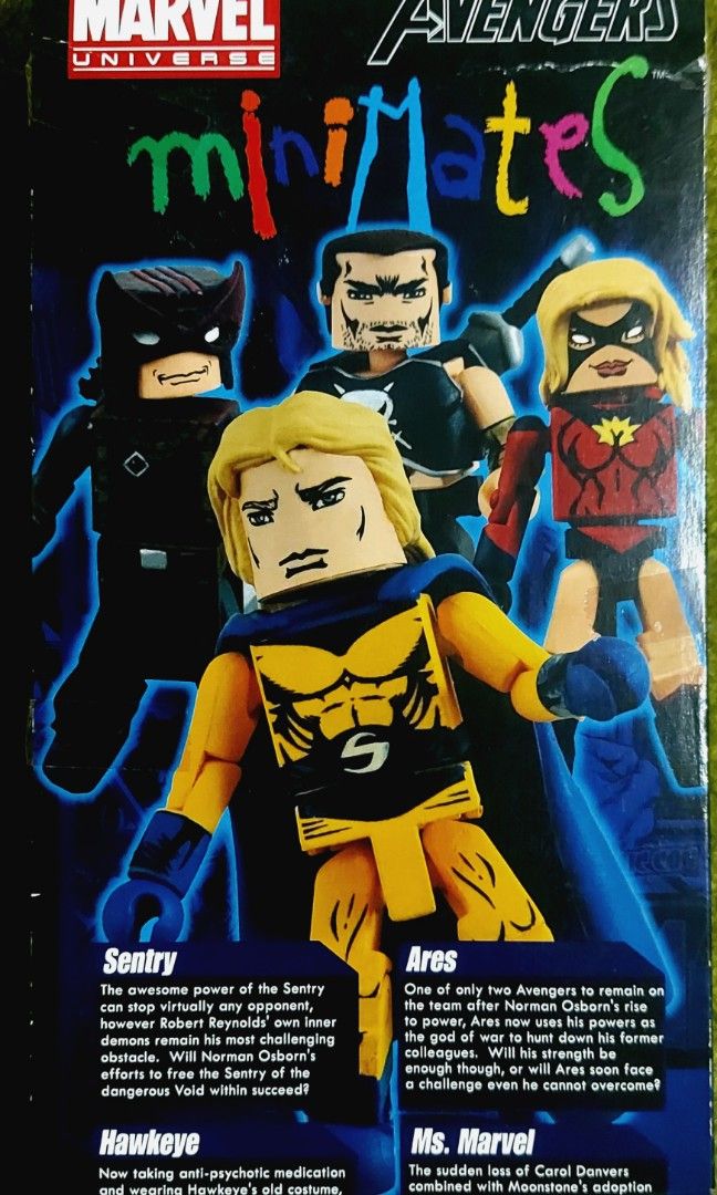 Marvel Universe Minimates Dark Avengers Box Set Comic-Con Exclusive (Category: Figurines & Statues) located in Caloocan City. Submitted by hobbym8 (Listing ID 1466711835, Image 2). Description: - San Diego Comic-Con (SDCC) Exclusive Marvel Universe Minimates - Includes Dark Avengers: Sentry, Ares, Hawkeye, and Ms. Marvel figures - Unopened packaging in original window display box - Rare collector's piece, perfect for Marvel fans and toy collector