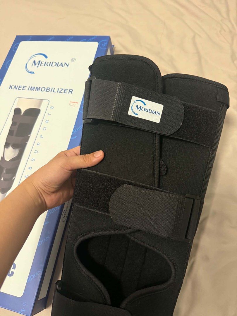 Meridian Knee Immobilizer (Category: Braces, Support & Protection) located in Manila. Submitted by luckystorm-e09b (Listing ID 1466601697, Image 2). Description: Meridian knee immobilizer support. Bought from Mercury Drug for 1,350 pesos as seen on the price tag. Still inside the original blue and white box packaging. Box is clean and intact. Store sticker still attached to the front cover..
