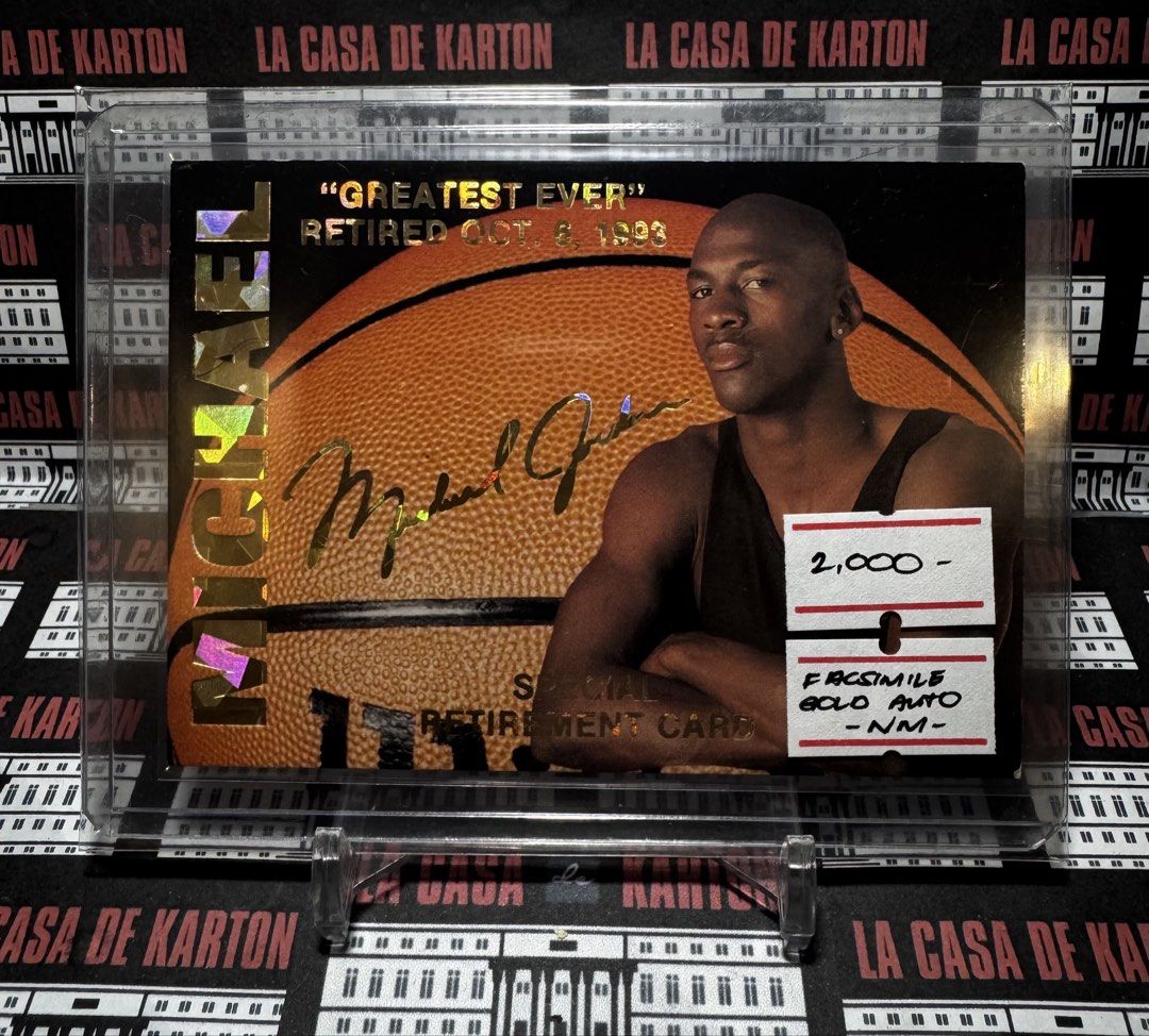 Michael Jordan (Category: Raw Singles) located in Pateros City. Submitted by lacasadekartonph (Listing ID 1466681150, Image 1). Description: - Rare 1993 Michael Jordan Special Retirement Trading Card - Features a facsimile gold autograph and 'Greatest Ever Retired Oct 6 1993' text - Striking vertical holographic 'MICHAEL' text on the left edge - Condition: NM (Near Mint) with original price tag intact - Well-protected inside a clear top loader - 
